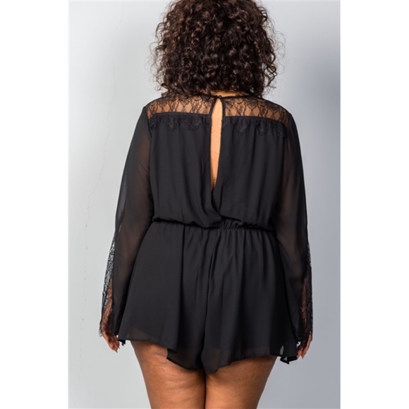 Lacey Bell Sleeve Plus Size Romper (Black) - Picture 4 of 6
